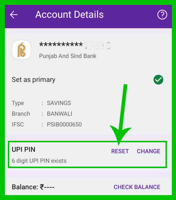 Click on reset option in phone pe