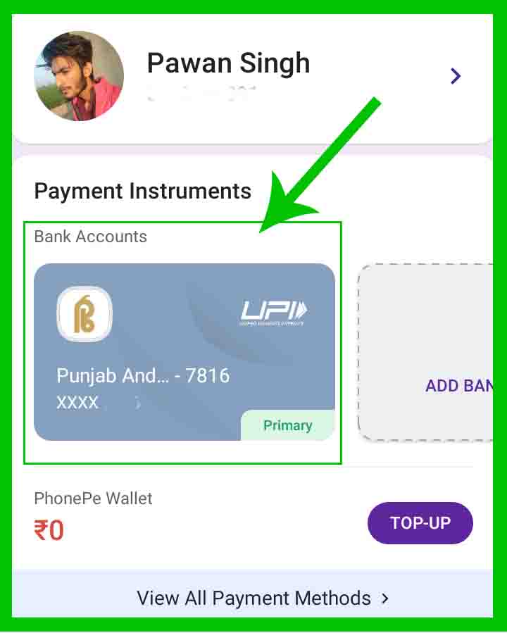 Select Bank Account in Phone pe