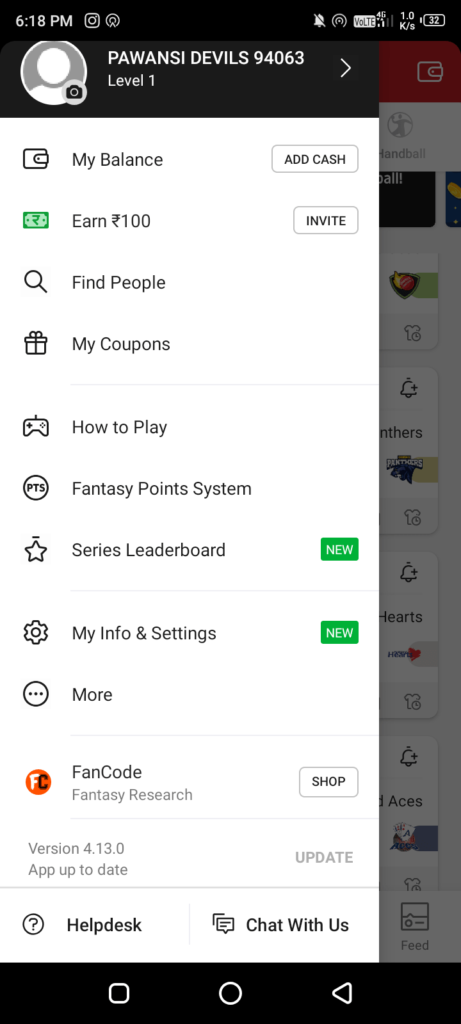 Open Dream11 Profile & Take Screenshot
